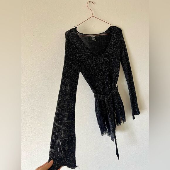 Rampage black sparkly long sleeve belted sheer knit top with fringe M - Picture 5 of 8